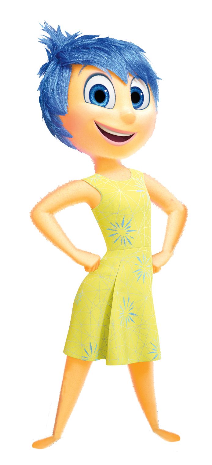 Personagem Alegria: figura esguia com pele amarela luminosa, cabelo azul curto espetado, vestindo um vestido verde-limão com estampas florais. Sempre sorridente e saltitante.