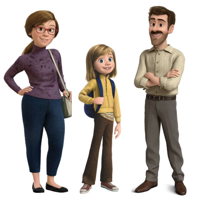 À esquerda, a mãe de Riley, com óculos vermelhos, cabelo castanho preso, blusa roxa com estampa floral, calça azul e sapatilhas pretas. No centro, Riley, uma menina loira de olhos azuis, usando jaqueta amarela, mochila azul, calça marrom e tênis. À direita, o pai de Riley, com cabelo castanho, barba e bigode, camisa bege de manga comprida, calça cinza escura e sapatos marrons, com os braços cruzados e sorrindo.
