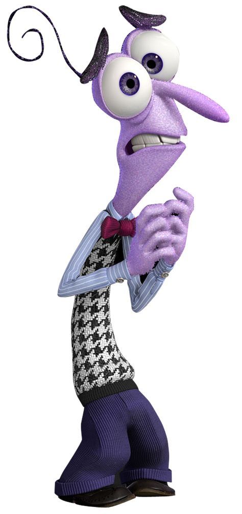Personagem Medo: alto e magro com pele lilás, um único fio de cabelo preto no topo da cabeça. Usa colete xadrez, gravata borboleta vermelha e calça roxa. Olhos arregalados e expressão de pânico.