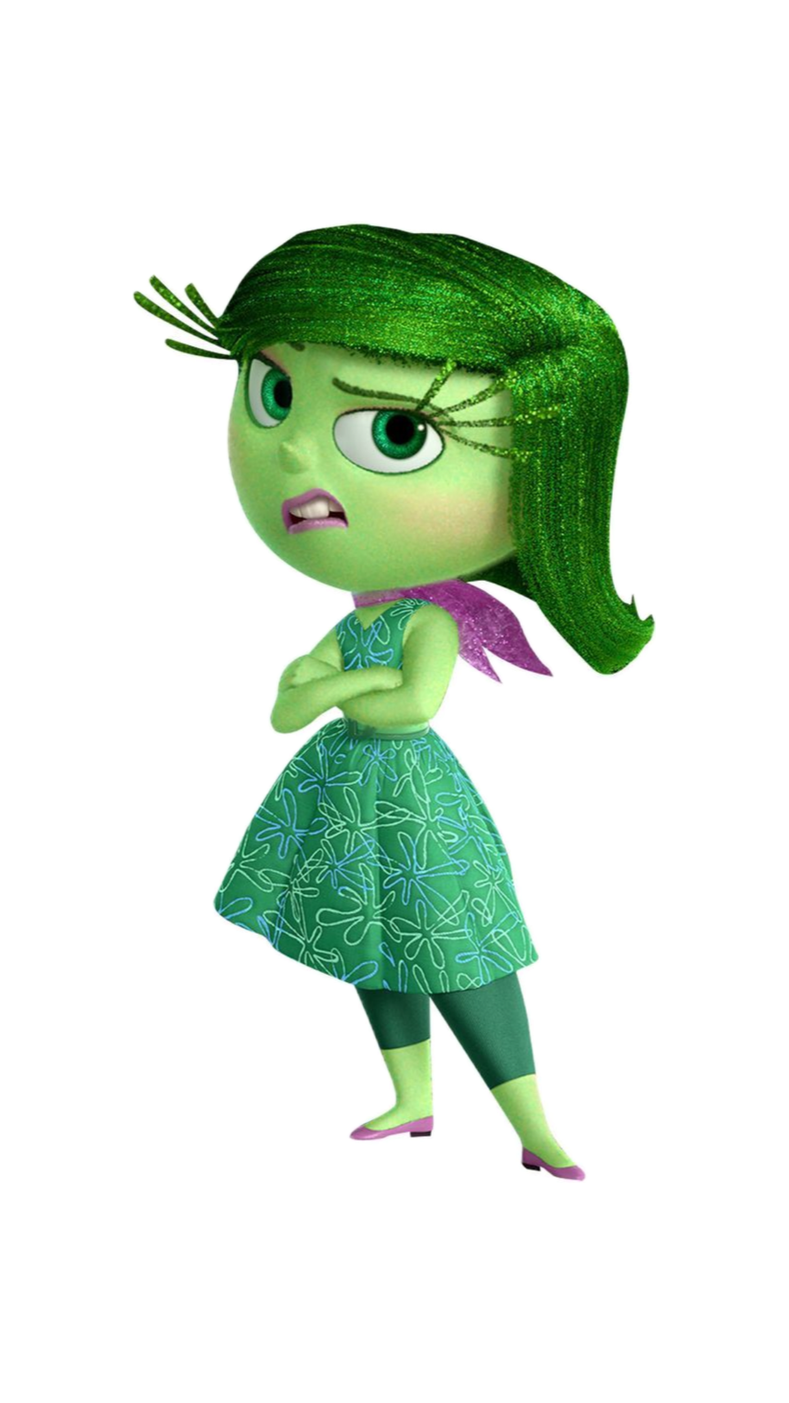 Personagem Nojinho: pele verde e cabelo verde escuro estilizado. Usa vestido verde com estampas e lenço rosa no pescoço. Expressão de desdém, sobrancelhas arqueadas e postura elegante.