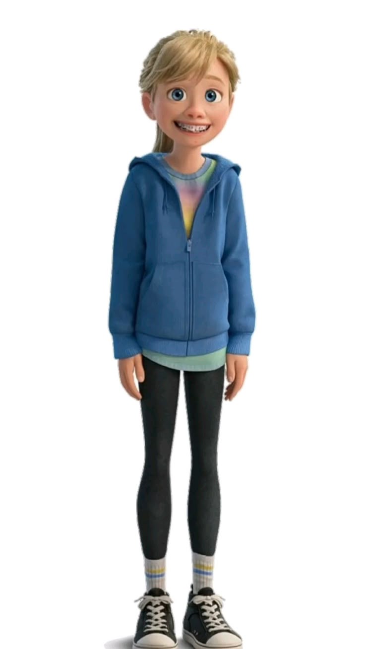 Riley: garota de 11 anos com cabelo loiro escuro liso, pele clara e olhos azuis. Usa camiseta listrada verde e branca com jeans. Expressão amigável e postura descontraída.